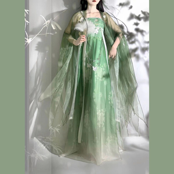 Gospodin Hanfu ljetni set za odrasle – izvezen top Tang stila do prsa, širokih rukava i odgovarajuća suknja, šifon materijal