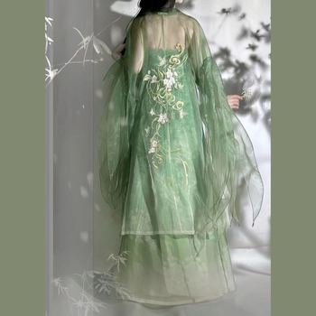 Gospodin Hanfu ljetni set za odrasle – izvezen top Tang stila do prsa, širokih rukava i odgovarajuća suknja, šifon materijal