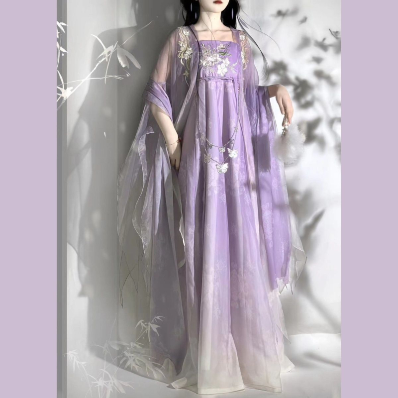 Gospodin Hanfu ljetni set za odrasle – izvezen top Tang stila do prsa, širokih rukava i odgovarajuća suknja, šifon materijal