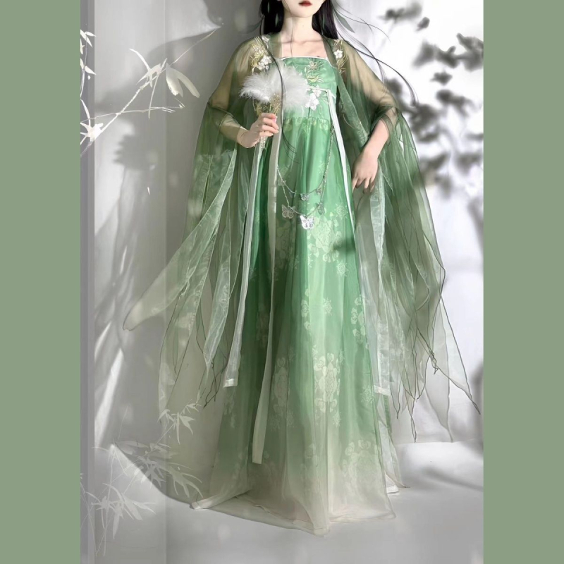 Gospodin Hanfu ljetni set za odrasle – izvezen top Tang stila do prsa, širokih rukava i odgovarajuća suknja, šifon materijal