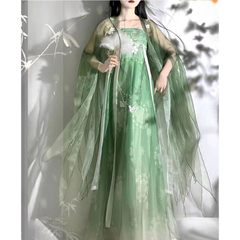 Gospodin Hanfu ljetni set za odrasle – izvezen top Tang stila do prsa, širokih rukava i odgovarajuća suknja, šifon materijal