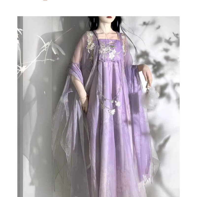 Gospodin Hanfu ljetni set za odrasle – izvezen top Tang stila do prsa, širokih rukava i odgovarajuća suknja, šifon materijal