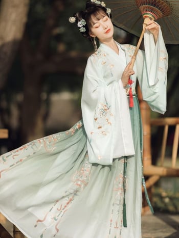 Ženski Hanfu dvodijelni set s preklopnim ovratnikom, top do struka i širokim rukavima, Wei Jin stil, svakodnevna odjeća za proljeće i jesen.