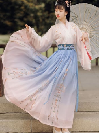 Ženski Hanfu dvodijelni set s preklopnim ovratnikom, top do struka i širokim rukavima, Wei Jin stil, svakodnevna odjeća za proljeće i jesen.