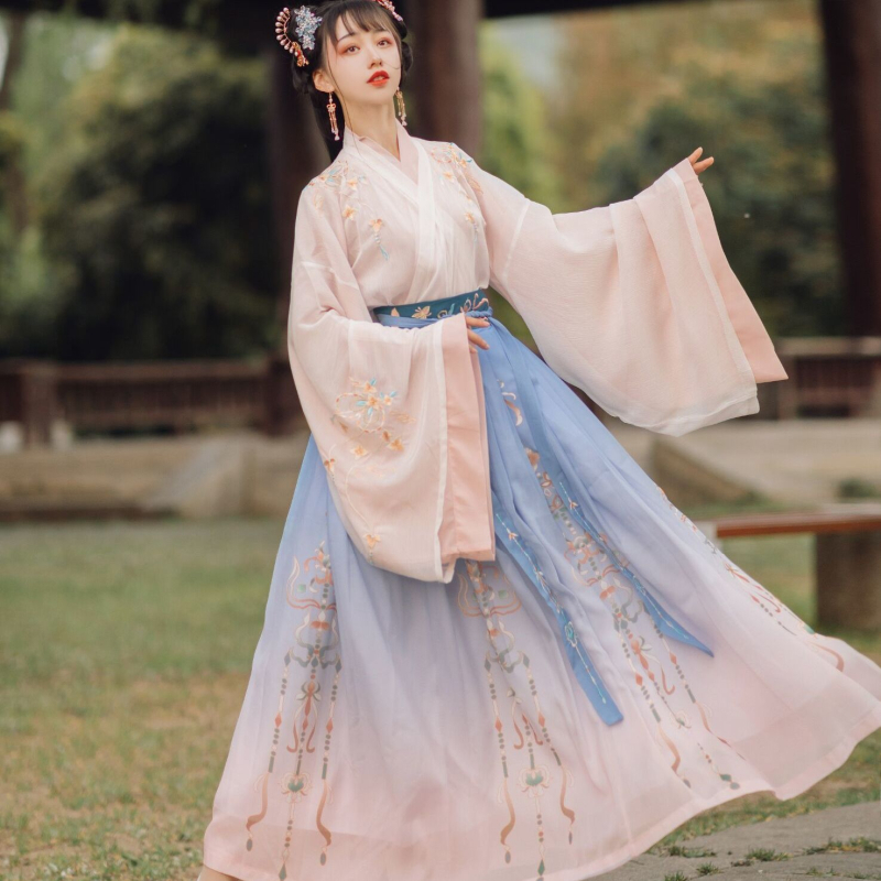 Ženski Hanfu dvodijelni set s preklopnim ovratnikom, top do struka i širokim rukavima, Wei Jin stil, svakodnevna odjeća za proljeće i jesen.