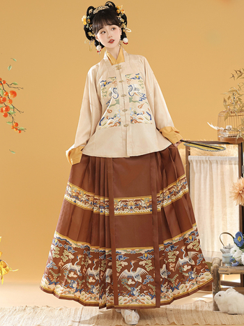 Hanfu ženski set u Ming stilu s jacquard jaknom kratkih rukava i suknjom Horse-face za jesen-zimu