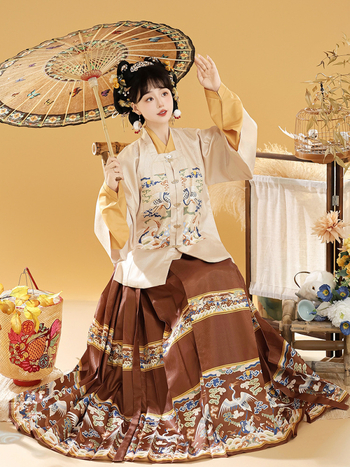 Hanfu ženski set u Ming stilu s jacquard jaknom kratkih rukava i suknjom Horse-face za jesen-zimu