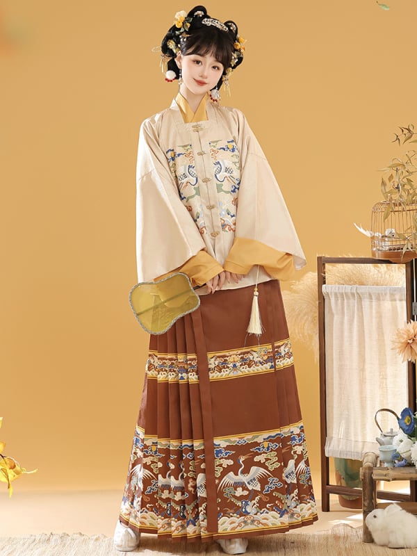 Hanfu ženski set u Ming stilu s jacquard jaknom kratkih rukava i suknjom Horse-face za jesen-zimu