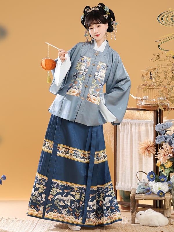 Hanfu ženski set u Ming stilu s jacquard jaknom kratkih rukava i suknjom Horse-face za jesen-zimu