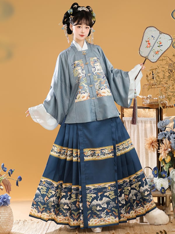 Hanfu ženski set u Ming stilu s jacquard jaknom kratkih rukava i suknjom Horse-face za jesen-zimu