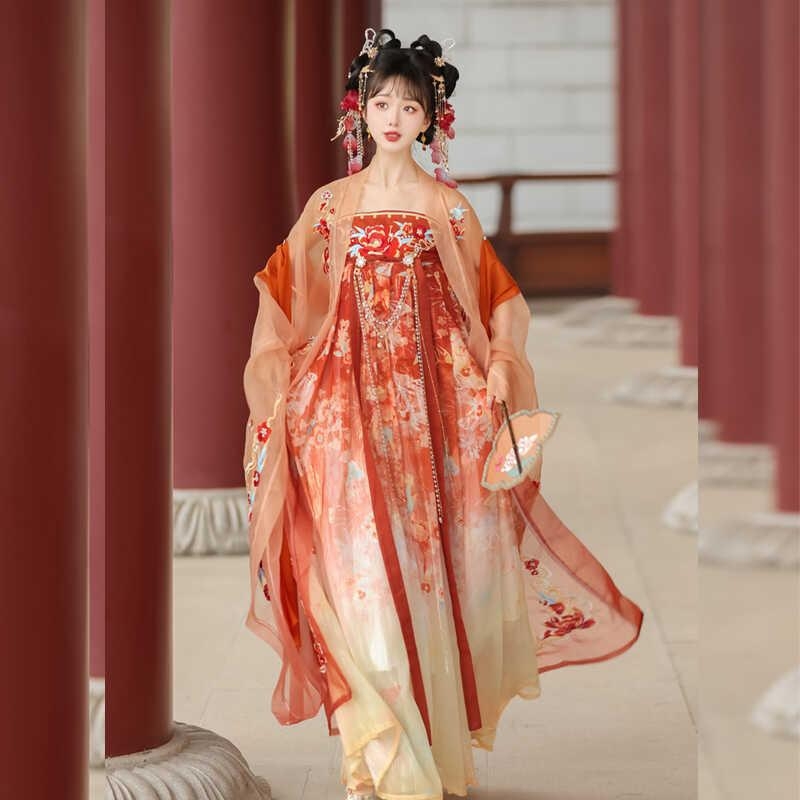 Hanfu set za žene s teškom izvezom Hezi suknja, inspiriran dinastijom Tang, dužina do prsa, svakodnevna upotreba kroz četiri sezone