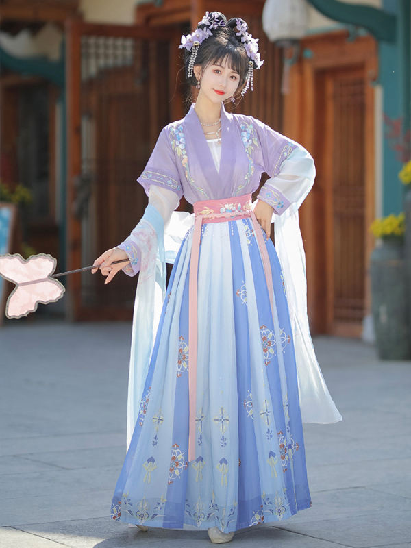 Hanfu za žene iz dinastije Tang: komplet s gornjim dijelom do struka i suknjom, izvezen geometrijski uzorak, ljetna svakodnevna odjeća