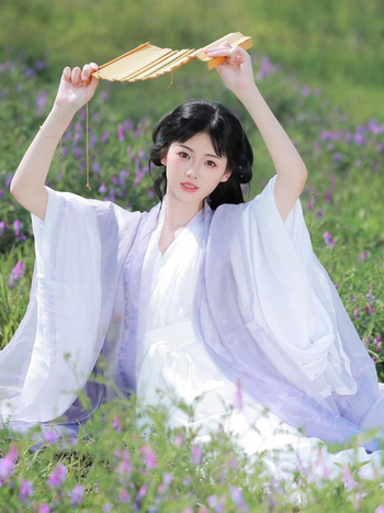 Ženski Hanfu u Wei–Jin stilu, očaravajući drevni izgled, dugi široki rukavi, preklopni ovratnik, jednodelna haljina iz dinastija Južne i Sjeverne