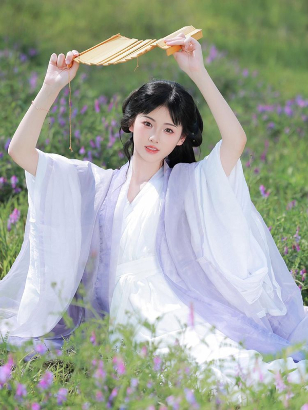 Ženski Hanfu u Wei–Jin stilu, očaravajući drevni izgled, dugi široki rukavi, preklopni ovratnik, jednodelna haljina iz dinastija Južne i Sjeverne