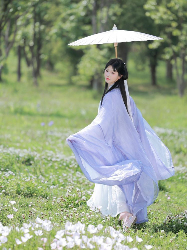 Ženski Hanfu u Wei–Jin stilu, očaravajući drevni izgled, dugi široki rukavi, preklopni ovratnik, jednodelna haljina iz dinastija Južne i Sjeverne