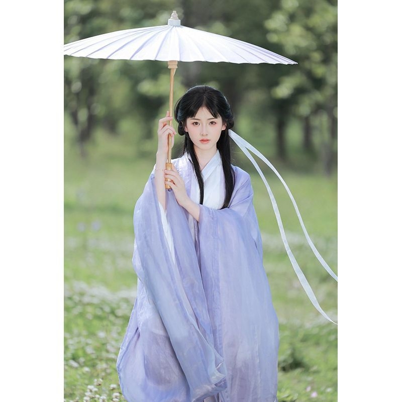 Ženski Hanfu u Wei–Jin stilu, očaravajući drevni izgled, dugi široki rukavi, preklopni ovratnik, jednodelna haljina iz dinastija Južne i Sjeverne