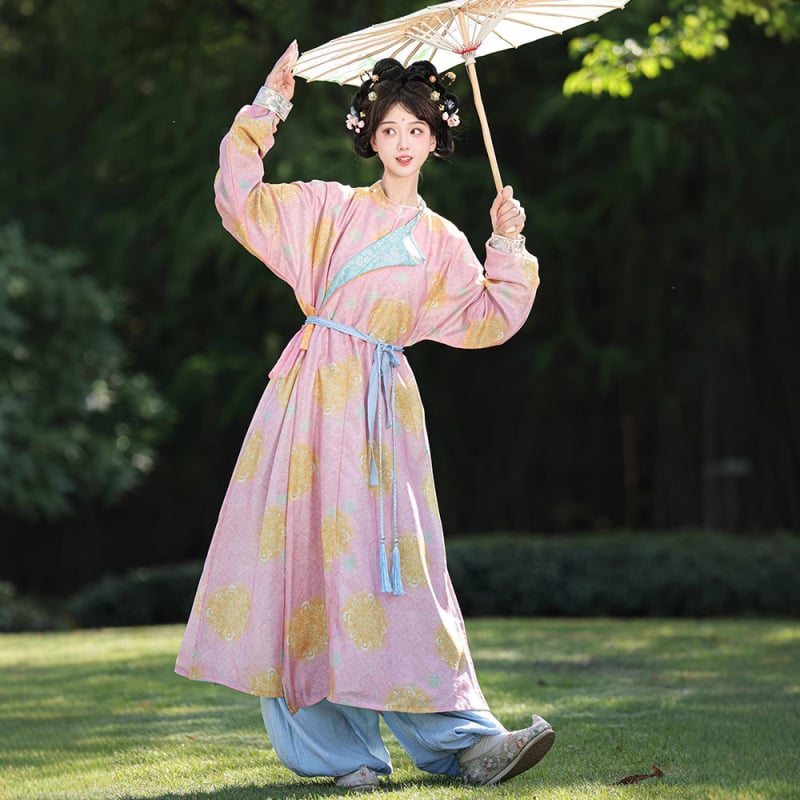 Yongle – Nova original Hanfu u Tang stilu s okruglim izrezom, velikim printom, proljetno-jesenski stil, lampionske hlače