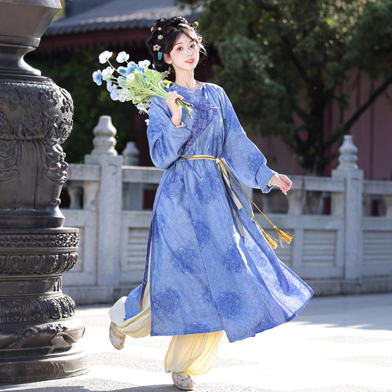 Yongle – Nova original Hanfu u Tang stilu s okruglim izrezom, velikim printom, proljetno-jesenski stil, lampionske hlače