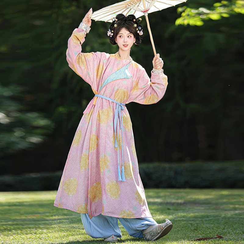 Yongle – Nova original Hanfu u Tang stilu s okruglim izrezom, velikim printom, proljetno-jesenski stil, lampionske hlače