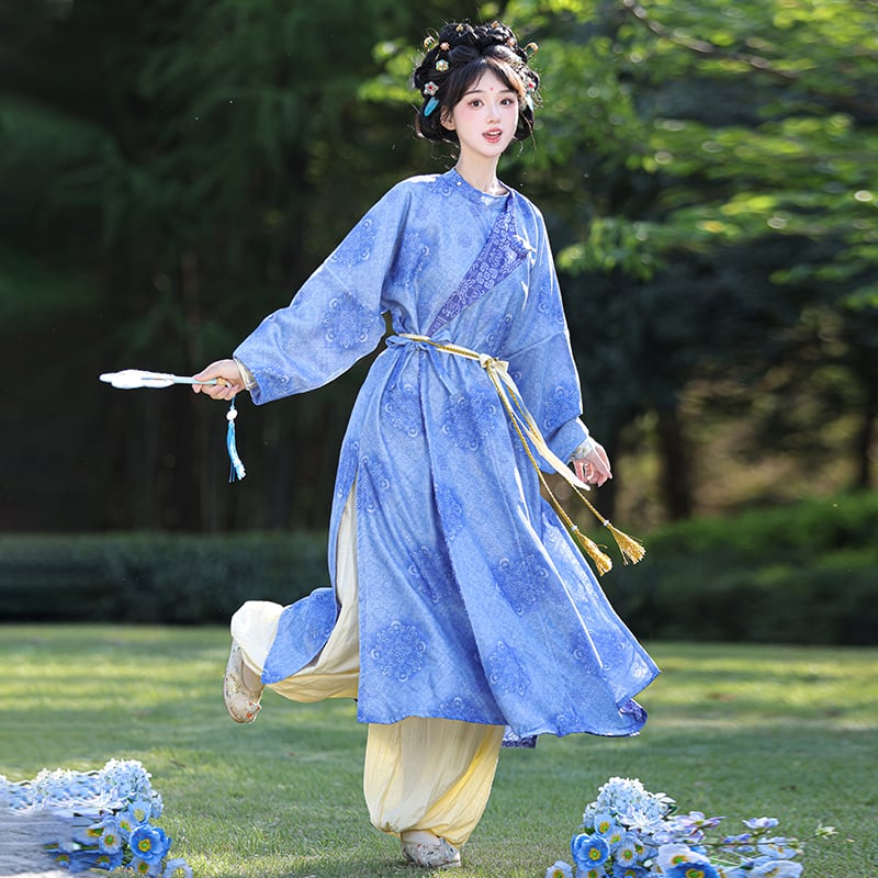 Yongle – Nova original Hanfu u Tang stilu s okruglim izrezom, velikim printom, proljetno-jesenski stil, lampionske hlače