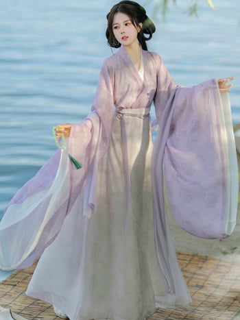 Ženski Hanfu u Wei Jin stilu, ljeto 2025, tiskani top s križnim ovratnikom i širokim rukavima, suknja s osam plisama, dnevni komplet