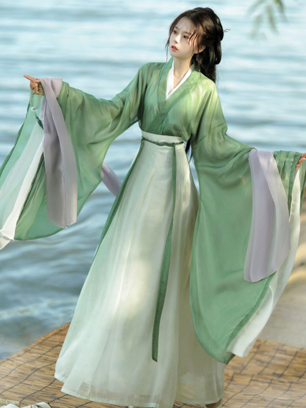 Ženski Hanfu u Wei Jin stilu, ljeto 2025, tiskani top s križnim ovratnikom i širokim rukavima, suknja s osam plisama, dnevni komplet