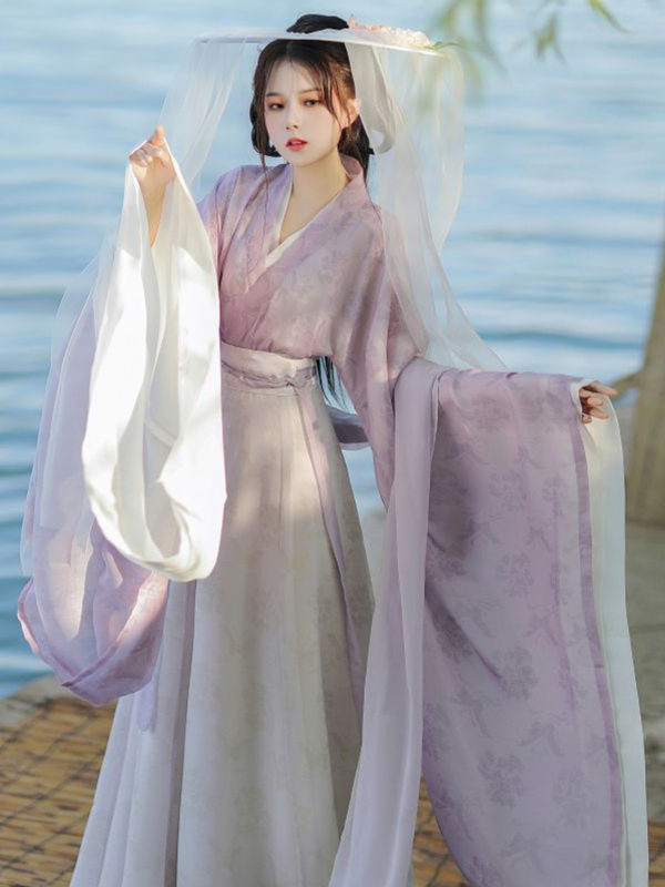 Ženski Hanfu u Wei Jin stilu, ljeto 2025, tiskani top s križnim ovratnikom i širokim rukavima, suknja s osam plisama, dnevni komplet