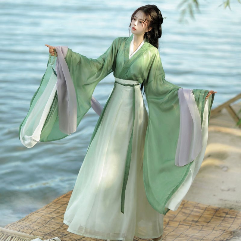 Ženski Hanfu u Wei Jin stilu, ljeto 2025, tiskani top s križnim ovratnikom i širokim rukavima, suknja s osam plisama, dnevni komplet