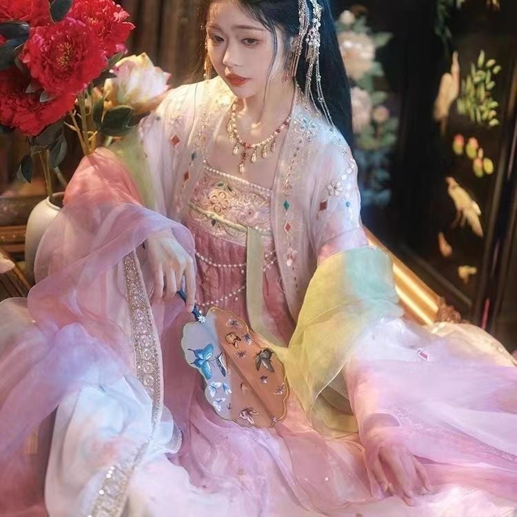 Hanfu Tang dinastije za žene — bluza/top s širokim rukavima, vez, Tang stil, poliester, za sva godišnja doba