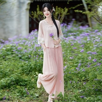 Hanfu inspiriran lagani komplet za čajnu ceremoniju, zen stil, gornji dio i hlače