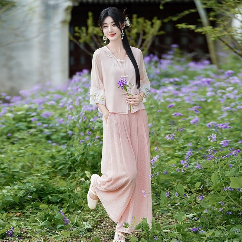 Hanfu inspiriran lagani komplet za čajnu ceremoniju, zen stil, gornji dio i hlače