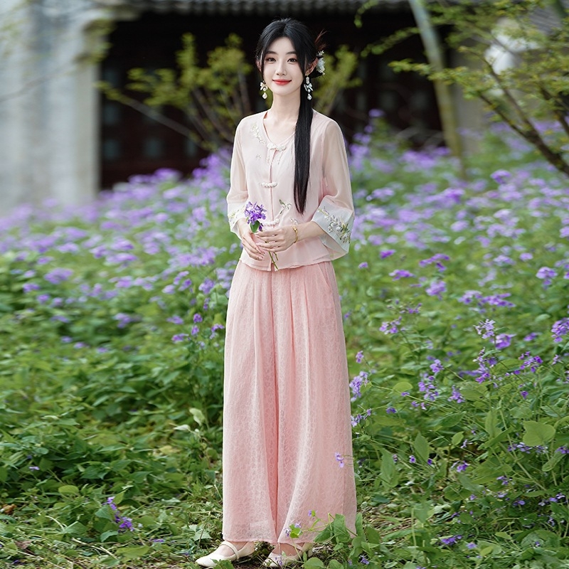 Hanfu inspiriran lagani komplet za čajnu ceremoniju, zen stil, gornji dio i hlače