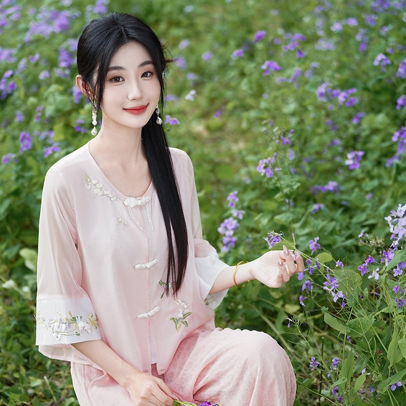 Hanfu inspiriran lagani komplet za čajnu ceremoniju, zen stil, gornji dio i hlače