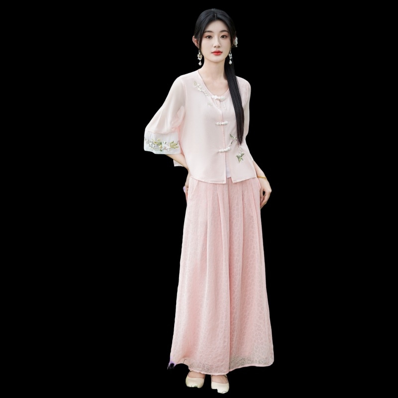 Hanfu inspiriran lagani komplet za čajnu ceremoniju, zen stil, gornji dio i hlače