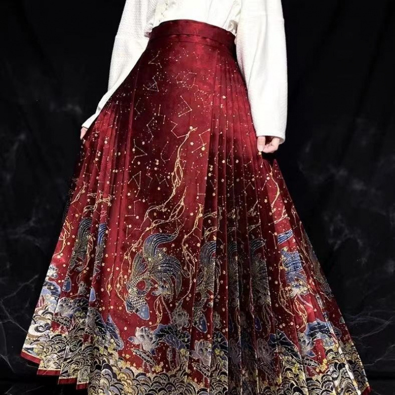 Ženski Hanfu u novom kineskom stilu Ming dinastije: zlatno tkanje s floralnim uzorkom i prednjim panelom konjske glave, svakodnevna midi suknja za niske osobe