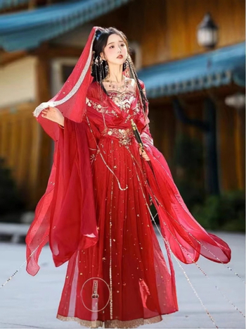 Hanfu s Jin dinastijom izvezom, serija Dvanaest božica cvijeća, dugi šlep i široki rukavi, ženski šifon
