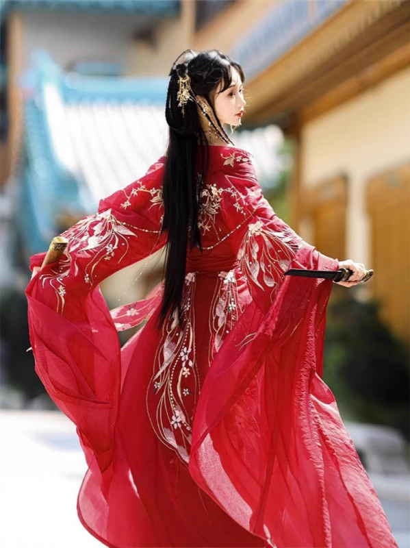 Hanfu s Jin dinastijom izvezom, serija Dvanaest božica cvijeća, dugi šlep i široki rukavi, ženski šifon