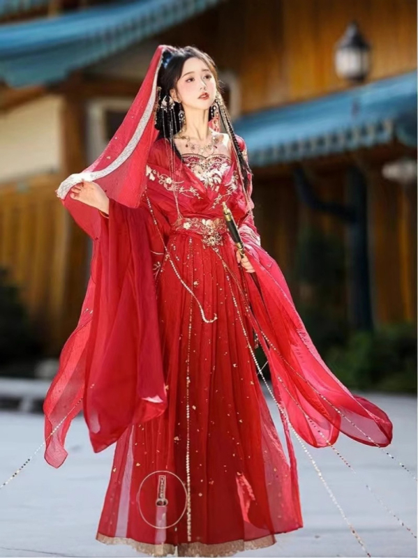 Hanfu s Jin dinastijom izvezom, serija Dvanaest božica cvijeća, dugi šlep i široki rukavi, ženski šifon