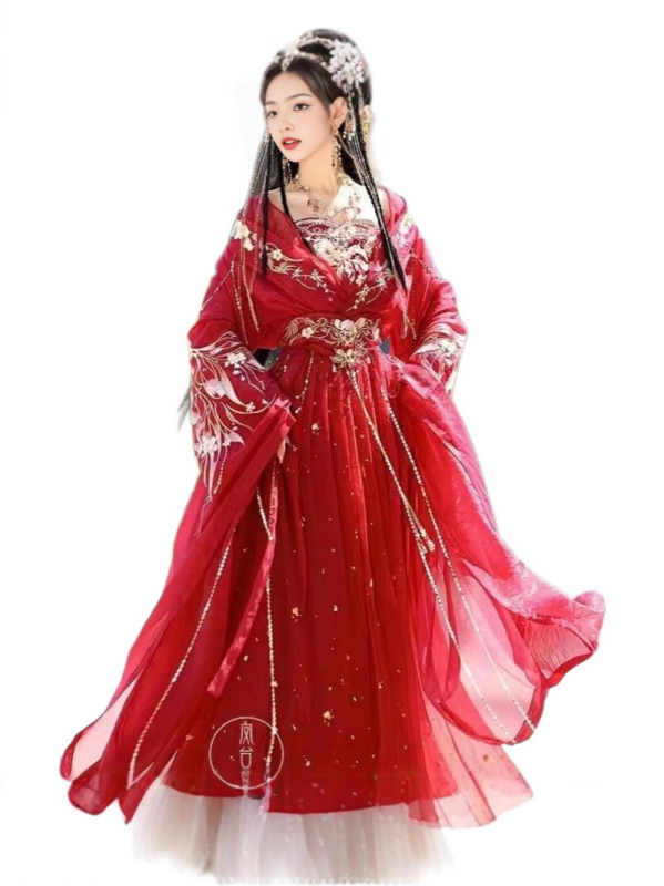 Hanfu s Jin dinastijom izvezom, serija Dvanaest božica cvijeća, dugi šlep i široki rukavi, ženski šifon
