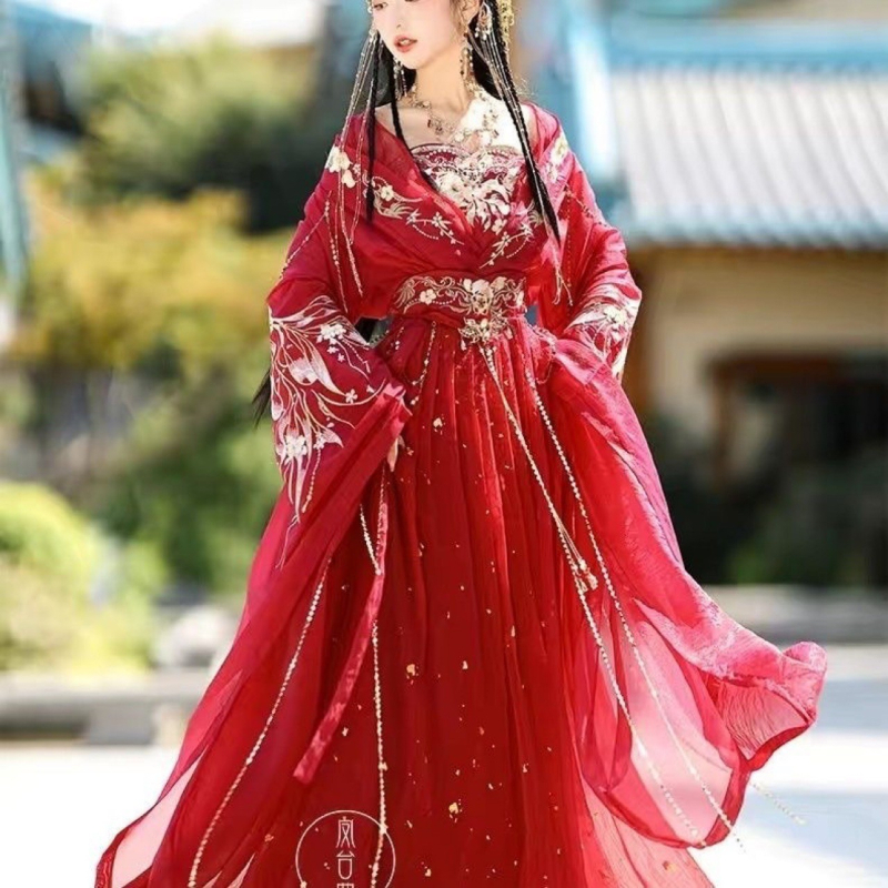 Hanfu s Jin dinastijom izvezom, serija Dvanaest božica cvijeća, dugi šlep i široki rukavi, ženski šifon