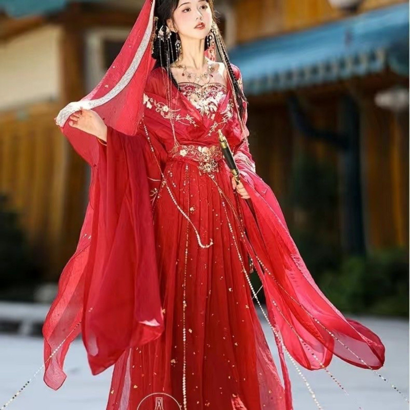 Hanfu s Jin dinastijom izvezom, serija Dvanaest božica cvijeća, dugi šlep i široki rukavi, ženski šifon