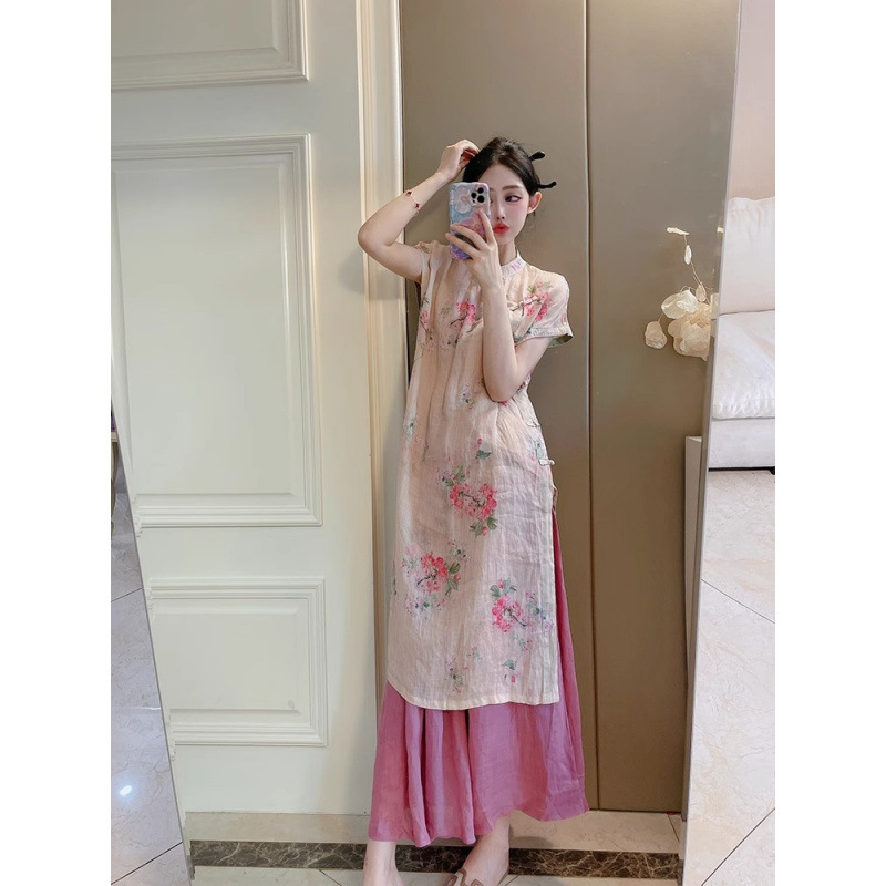 Pamuk-lanena srednje duljine haljina u stilu tea dress s cvjetnim uzorkom, visok ovratnik, bočni šlic