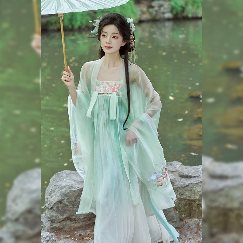 Hanfu dinastije Tang s dvanaest božanstava cvijeća, motiv Peony Rendezvous — izšivena bluza s širokim rukavima i suknja do struka, Ming inspirirano, za svakodnevnu upotrebu.