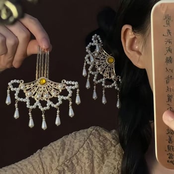 Clamă pentru păr în formă de evantai, cu perlă și ciucuri, stil chinezesc Hanfu, pandantiv lucrat manual, ornament fin pentru păr