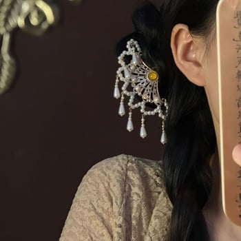 Clamă pentru păr în formă de evantai, cu perlă și ciucuri, stil chinezesc Hanfu, pandantiv lucrat manual, ornament fin pentru păr