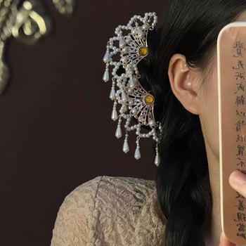 Clamă pentru păr în formă de evantai, cu perlă și ciucuri, stil chinezesc Hanfu, pandantiv lucrat manual, ornament fin pentru păr