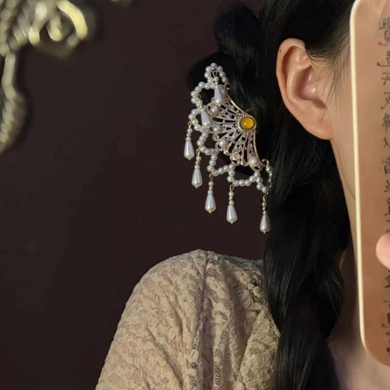 Clamă pentru păr în formă de evantai, cu perlă și ciucuri, stil chinezesc Hanfu, pandantiv lucrat manual, ornament fin pentru păr