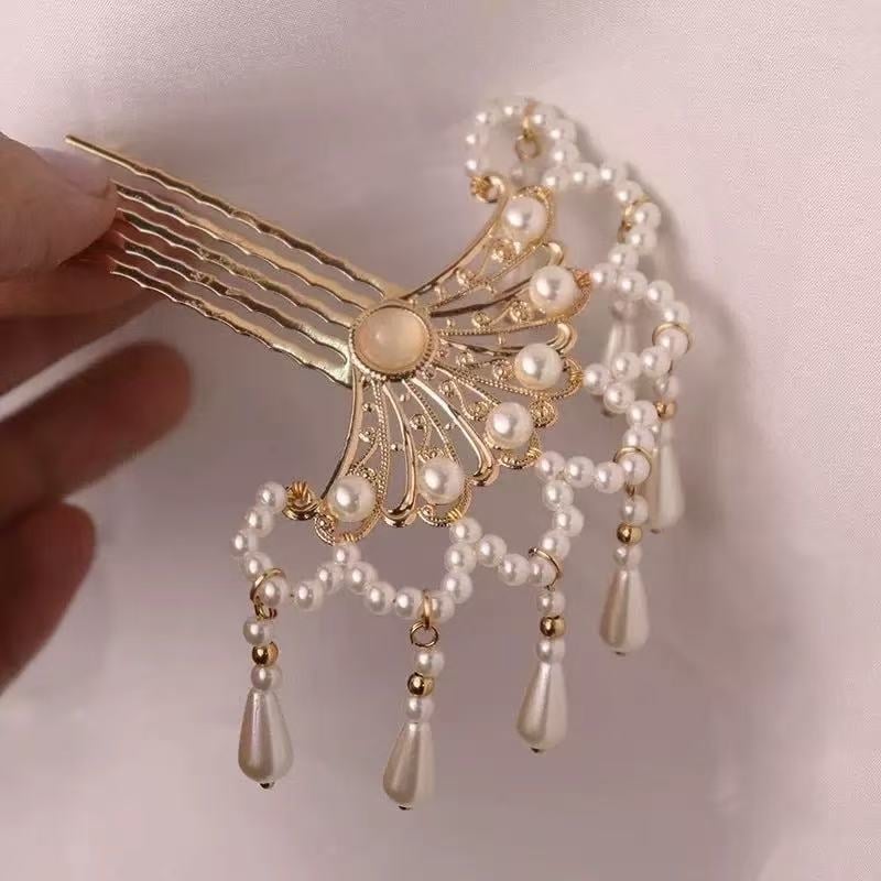 Clamă pentru păr în formă de evantai, cu perlă și ciucuri, stil chinezesc Hanfu, pandantiv lucrat manual, ornament fin pentru păr