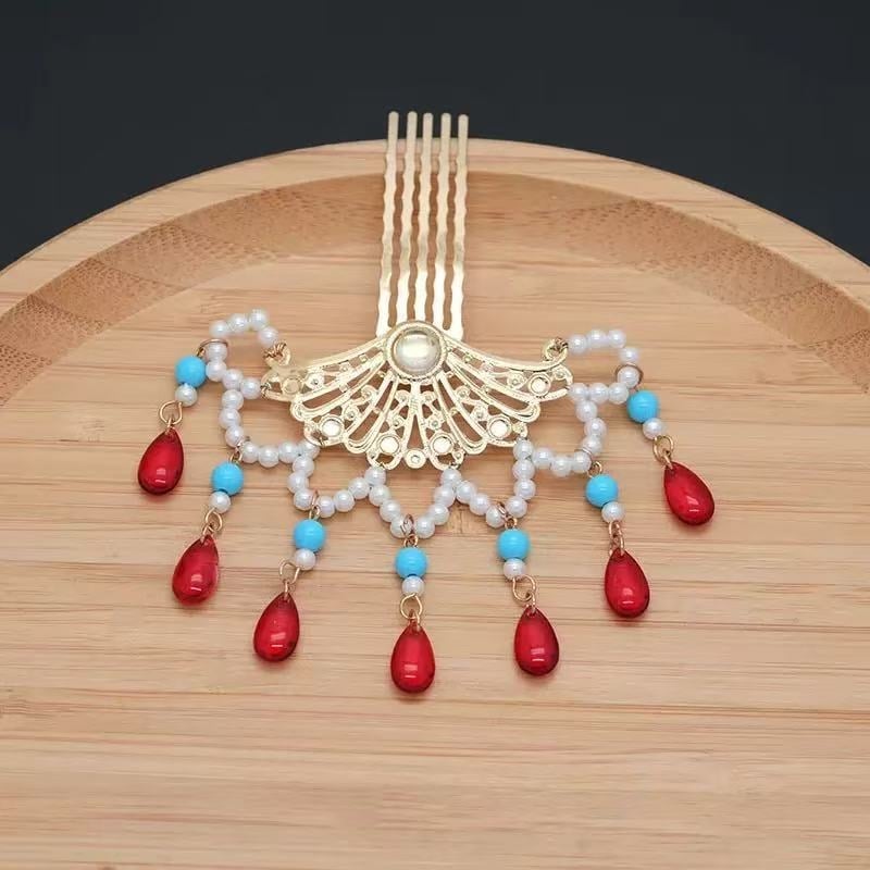 Clamă pentru păr în formă de evantai, cu perlă și ciucuri, stil chinezesc Hanfu, pandantiv lucrat manual, ornament fin pentru păr