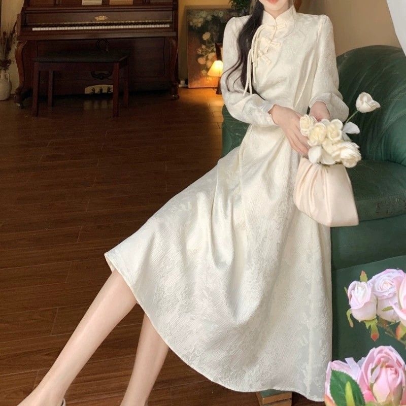 Cheongsam u neokineskom stilu, jacquard haljina, debela i topla za jesen i zimu, vintage elegancija u nacionalnom stilu